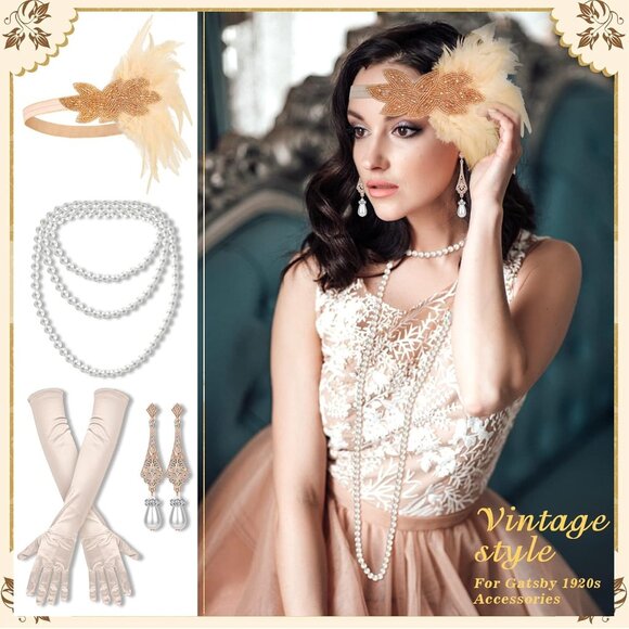 Flapper Accessories 1920s Gatsby Headband Necklace Gloves for Women - Picture 6 of 7